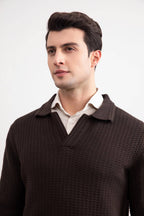 Dark Brown Textured Open Polo Sweater - Tour&Tate