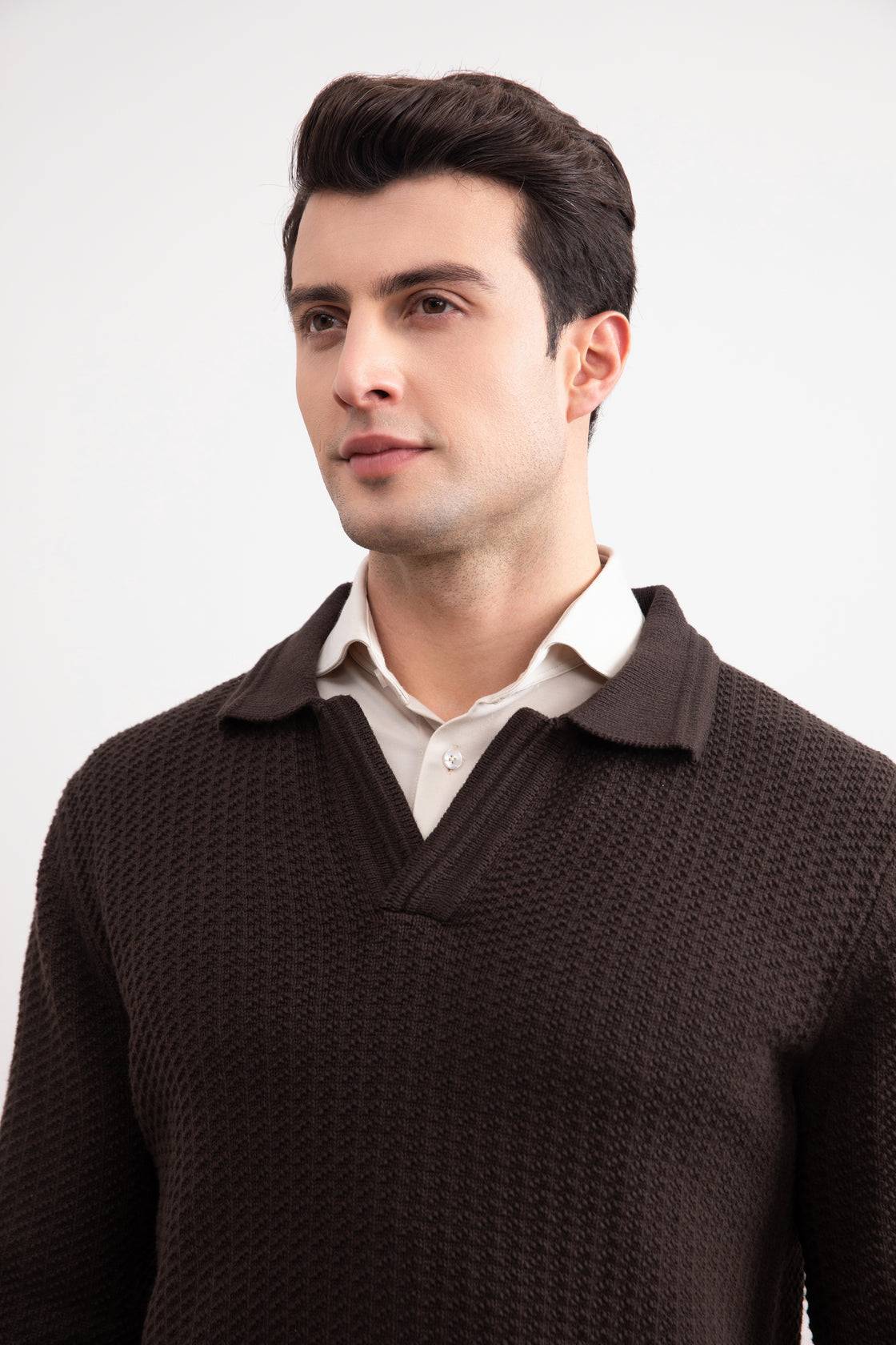 Dark Brown Textured Open Polo Sweater - Tour&Tate