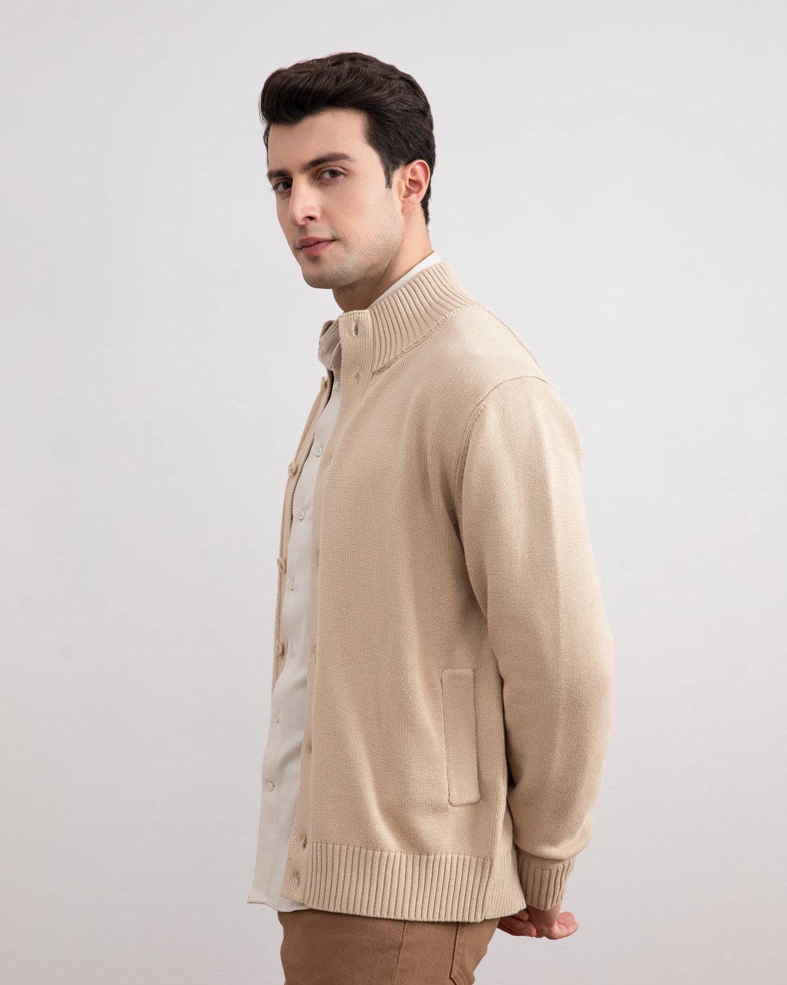 Beige Ribbed Button Closure With Pockets Cardigan - Tour&Tate