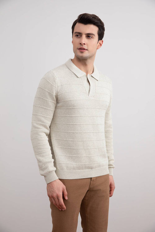 Beige Mélange Knit Texture Open Polo Sweater - Tour&Tate