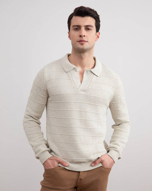 Beige Mélange Knit Texture Open Polo Sweater - Tour&Tate