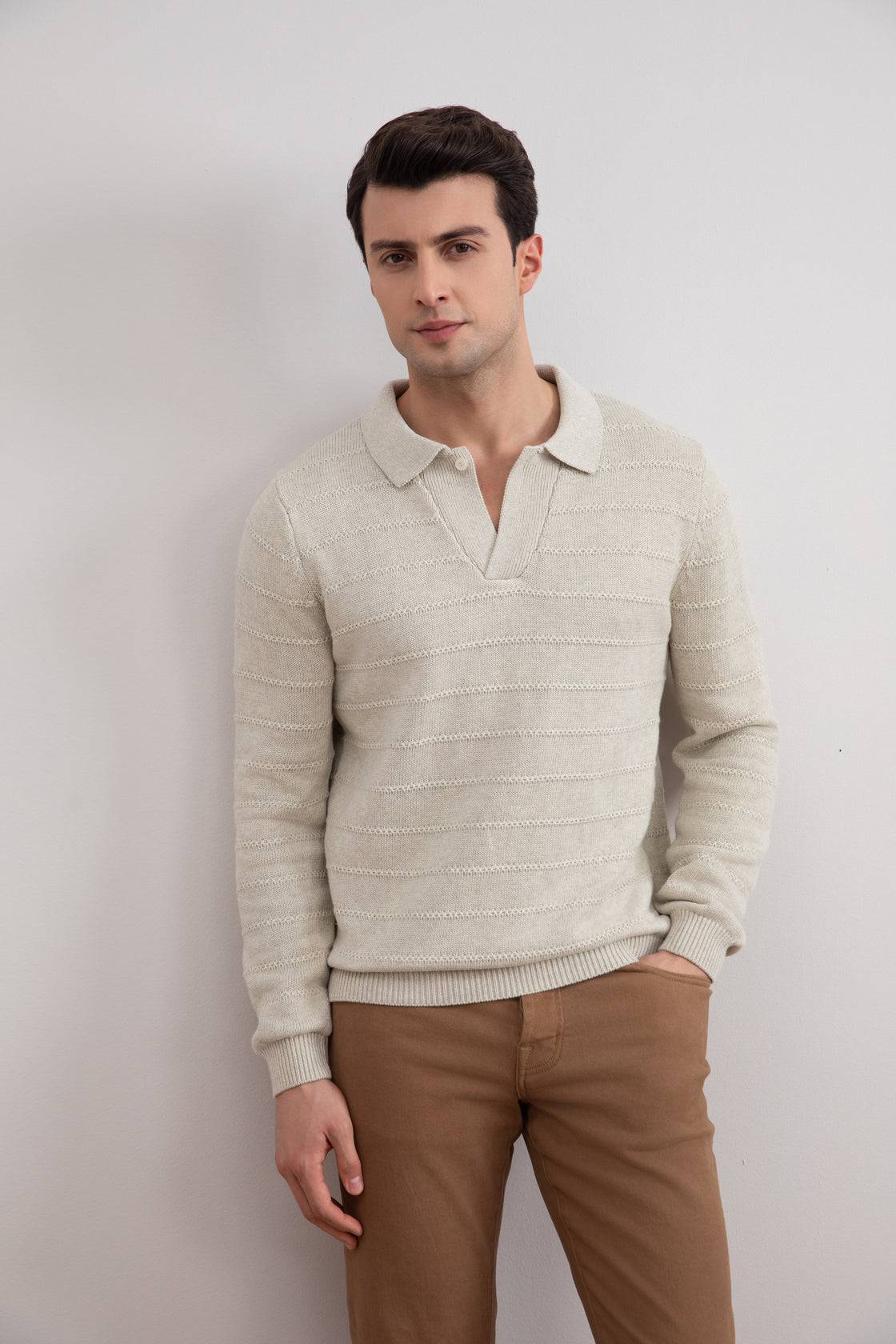 Beige Mélange Knit Texture Open Polo Sweater - Tour&Tate