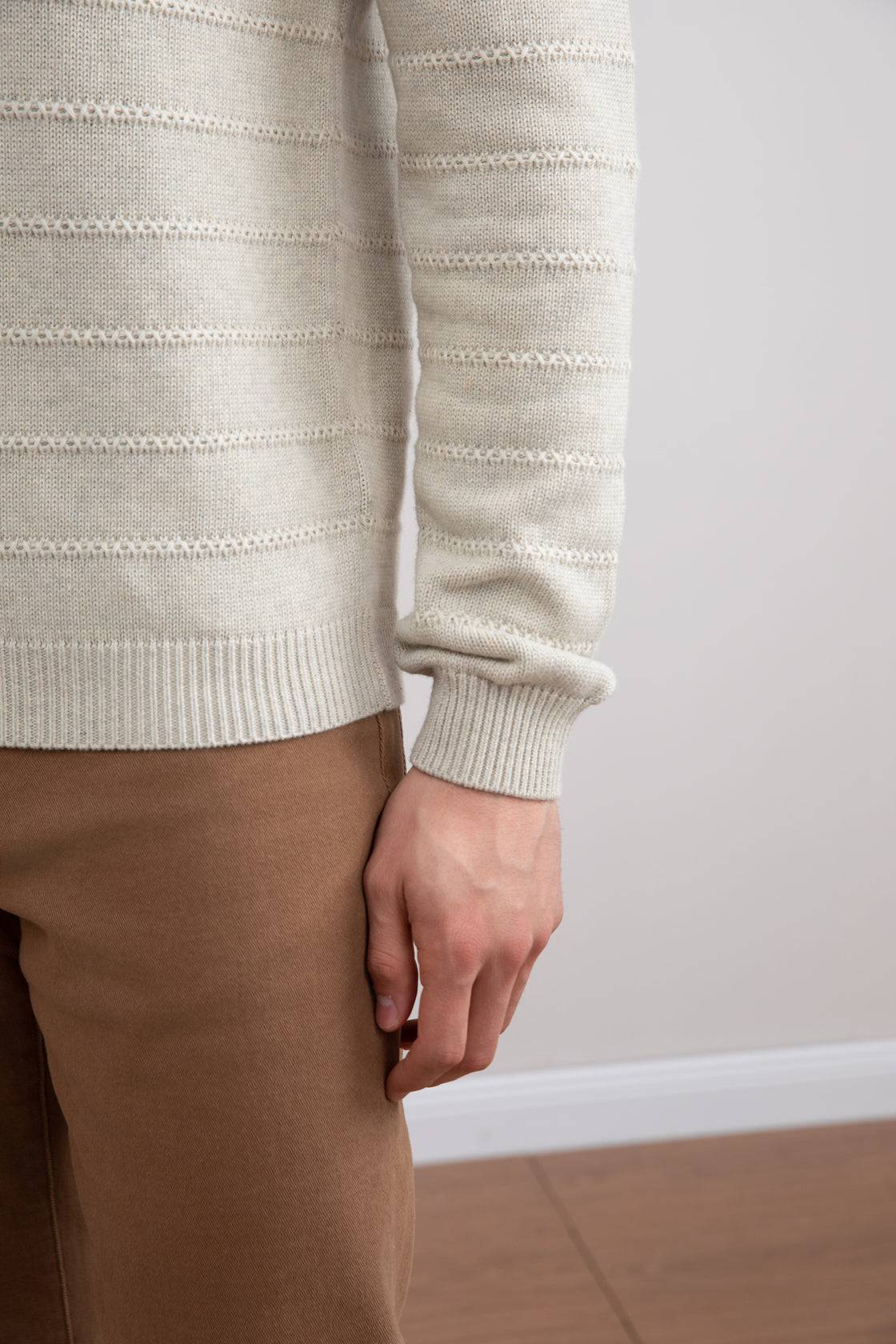 Beige Mélange Knit Texture Open Polo Sweater - Tour&Tate
