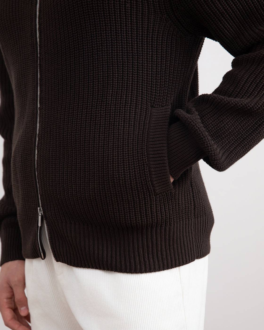 Dark Brown Ribbed Zip-Up Cardigan - Tour&Tate