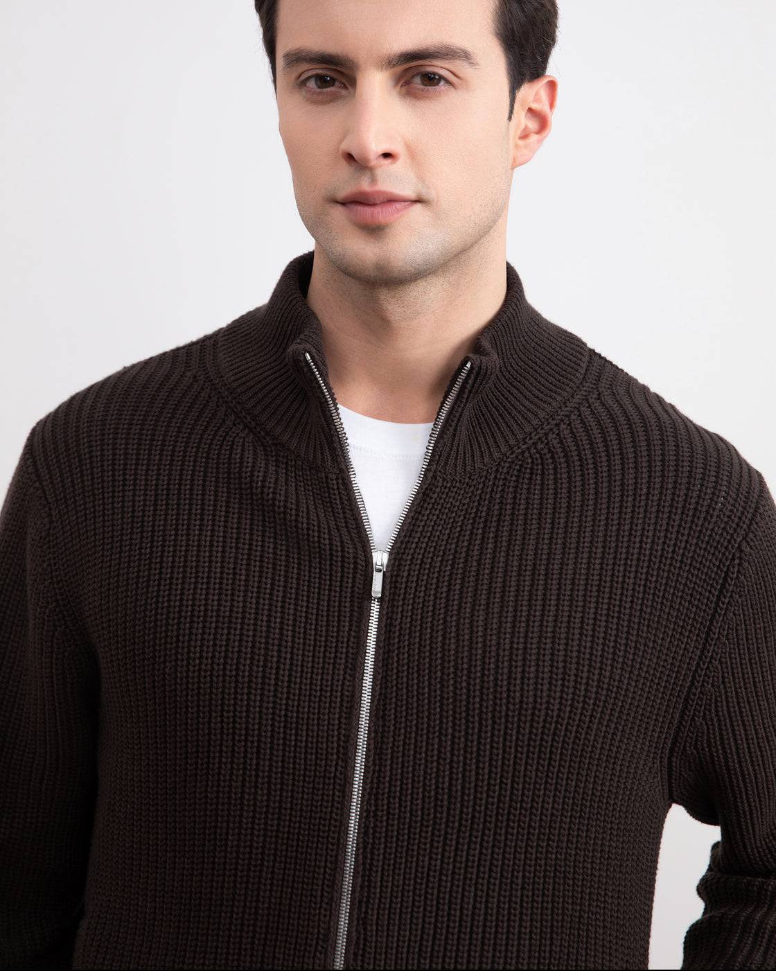 Dark Brown Ribbed Zip-Up Cardigan - Tour&Tate