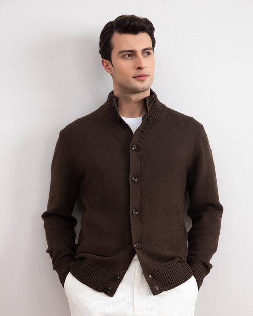 Brown Ribbed Button Closure With Pockets Cardigan - Tour&Tate