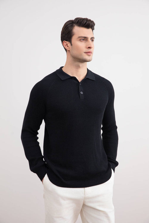 Black English Rib Polo Shirt - Tour&Tate
