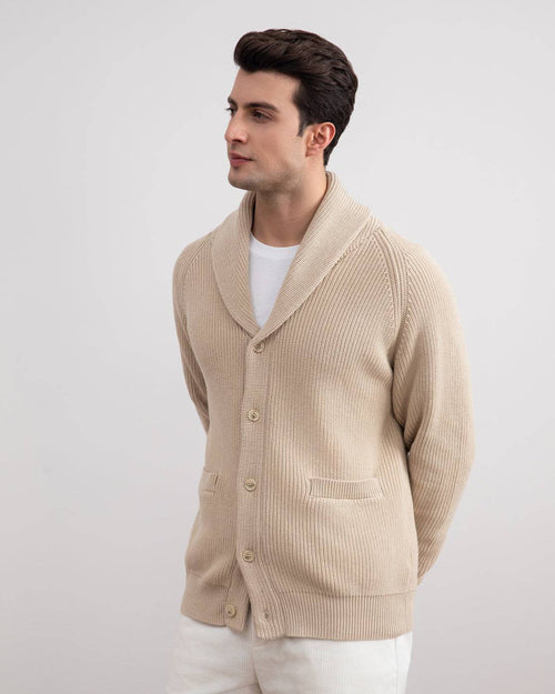 Beige Shawl-Collar Ribbed Cardigan - Tour&Tate