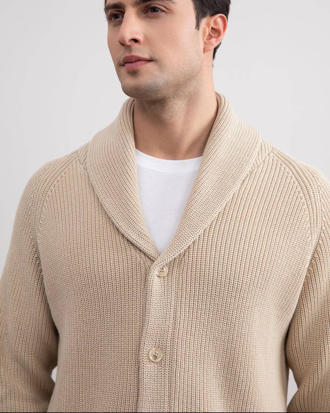 Beige Shawl-Collar Ribbed Cardigan - Tour&Tate
