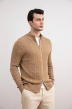 Tan Cable Knit full-zip Sweater - Tour&Tate
