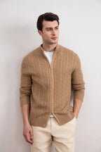 Tan Cable Knit full-zip Sweater - Tour&Tate