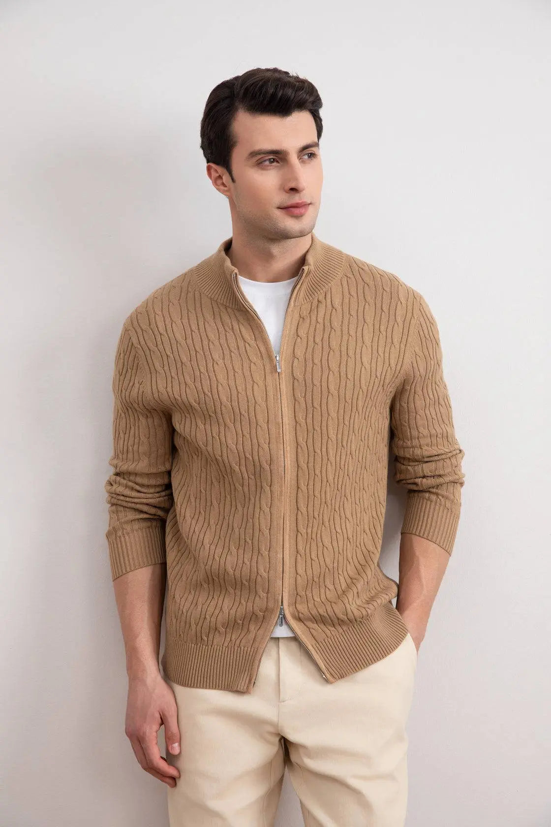 Tan Cable Knit full-zip Sweater - Tour&Tate