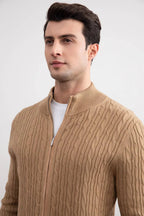 Tan Cable Knit full-zip Sweater - Tour&Tate