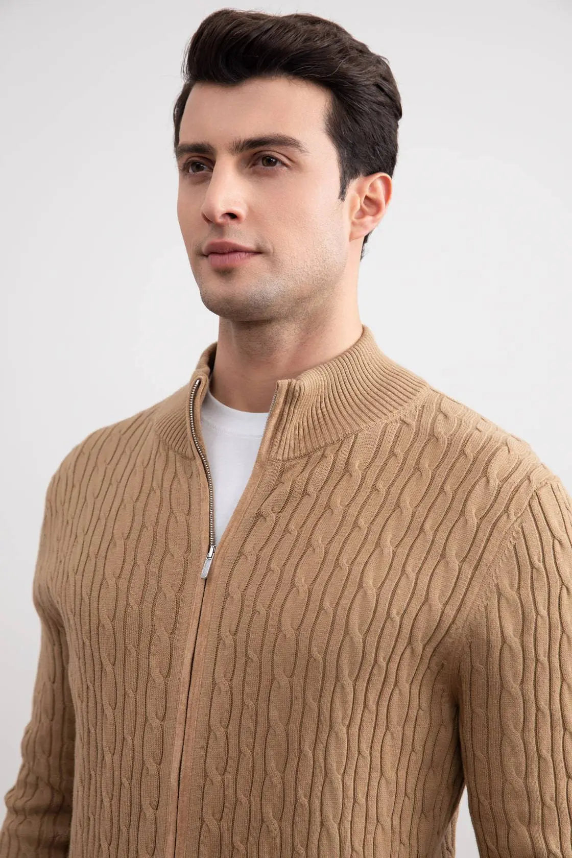 Tan Cable Knit full-zip Sweater - Tour&Tate