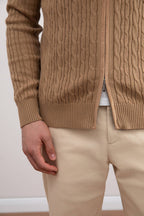 Tan Cable Knit full-zip Sweater - Tour&Tate