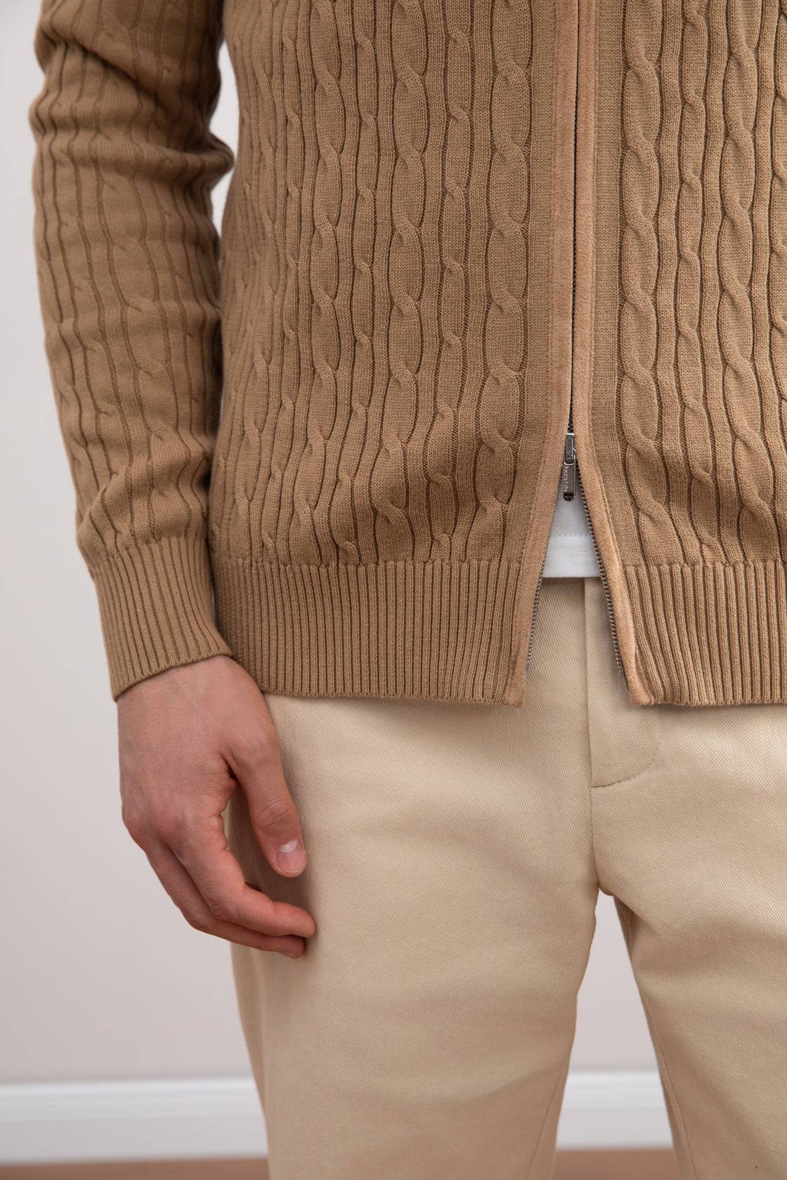 Tan Cable Knit full-zip Sweater - Tour&Tate