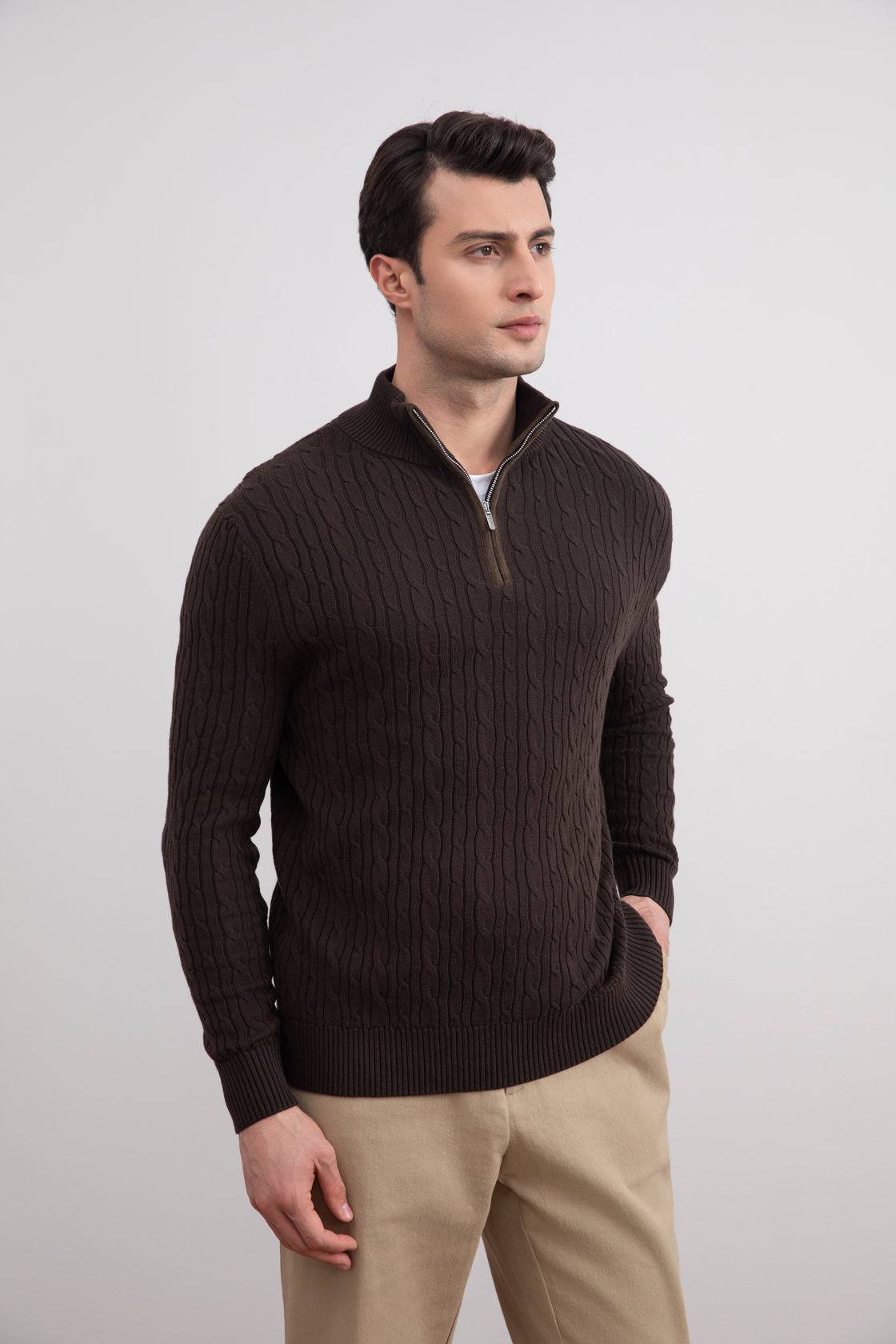 Dark Brown Cable Knit half-zip Sweater - Tour&Tate