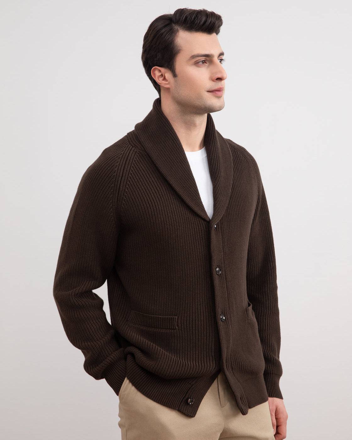Brown Shawl-Collar Ribbed Cardigan - Tour&Tate