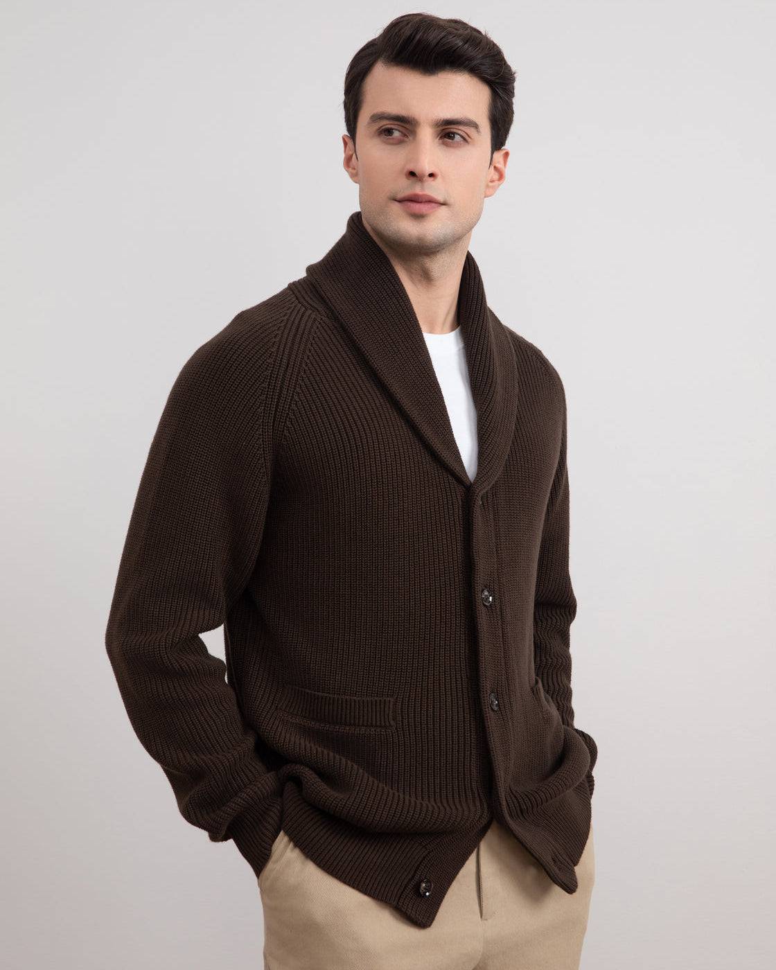 Brown Shawl-Collar Ribbed Cardigan - Tour&Tate