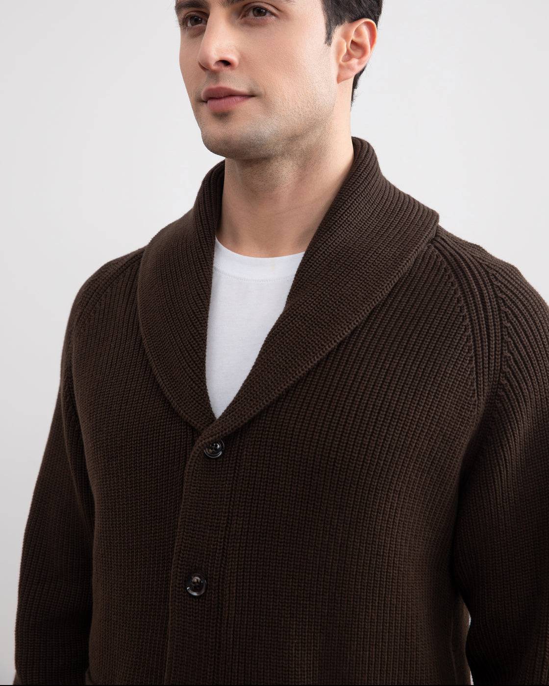 Brown Shawl-Collar Ribbed Cardigan - Tour&Tate