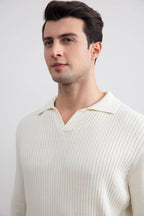 Off-White Striped Open Polo Shirt - Tour&Tate