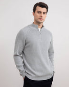 Grey Mélange English rib turtleneck half-zip sweater - Tour&Tate