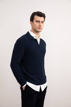 Navy Textured Open Polo Sweater - Tour&Tate