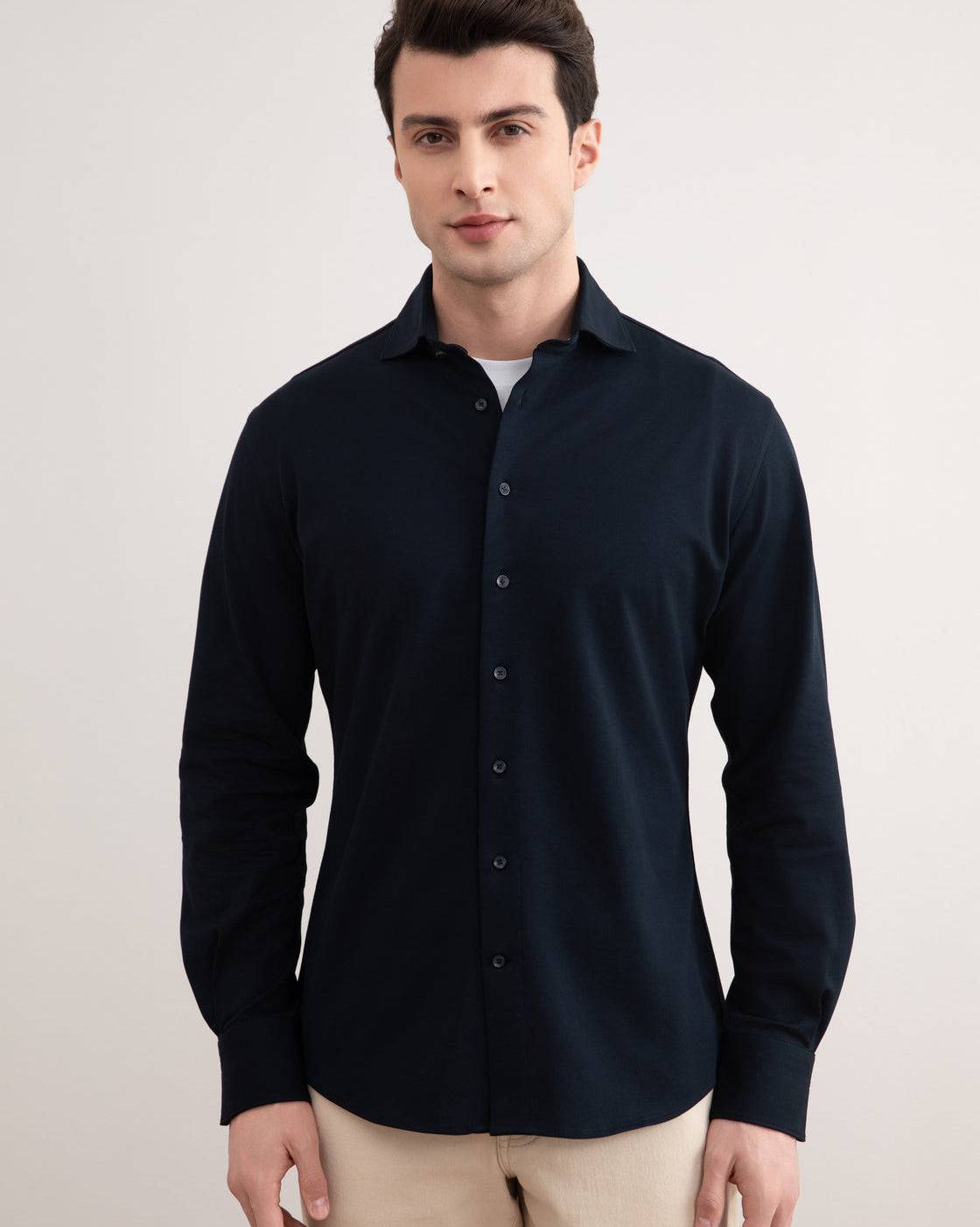 Navy Cotton-Piqué Shirt - Tour&Tate