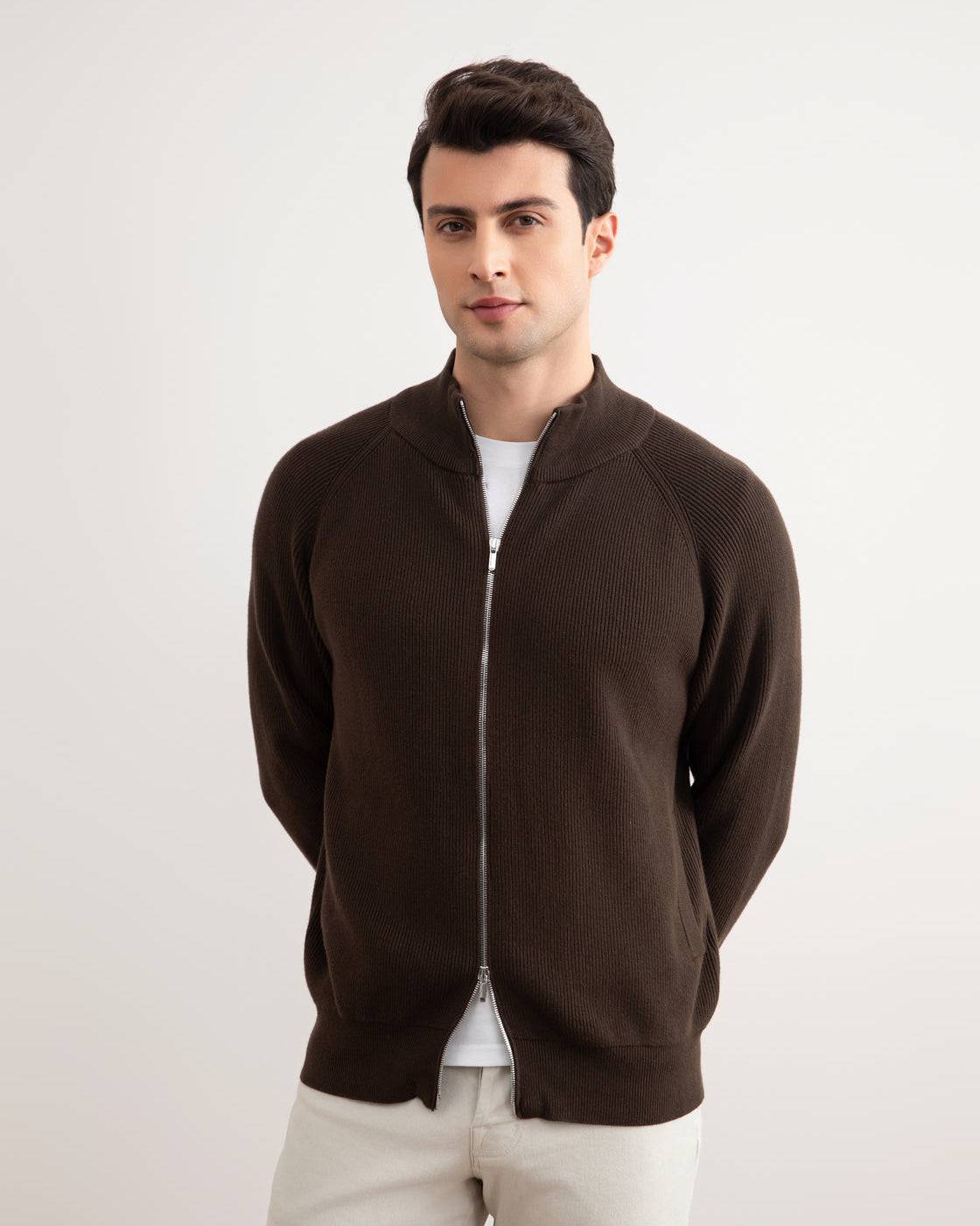 Brown English Rib Full Zip Cardigan - Tour&Tate