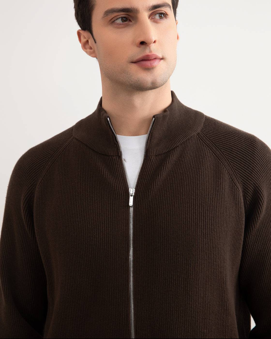 Brown English Rib Full Zip Cardigan - Tour&Tate