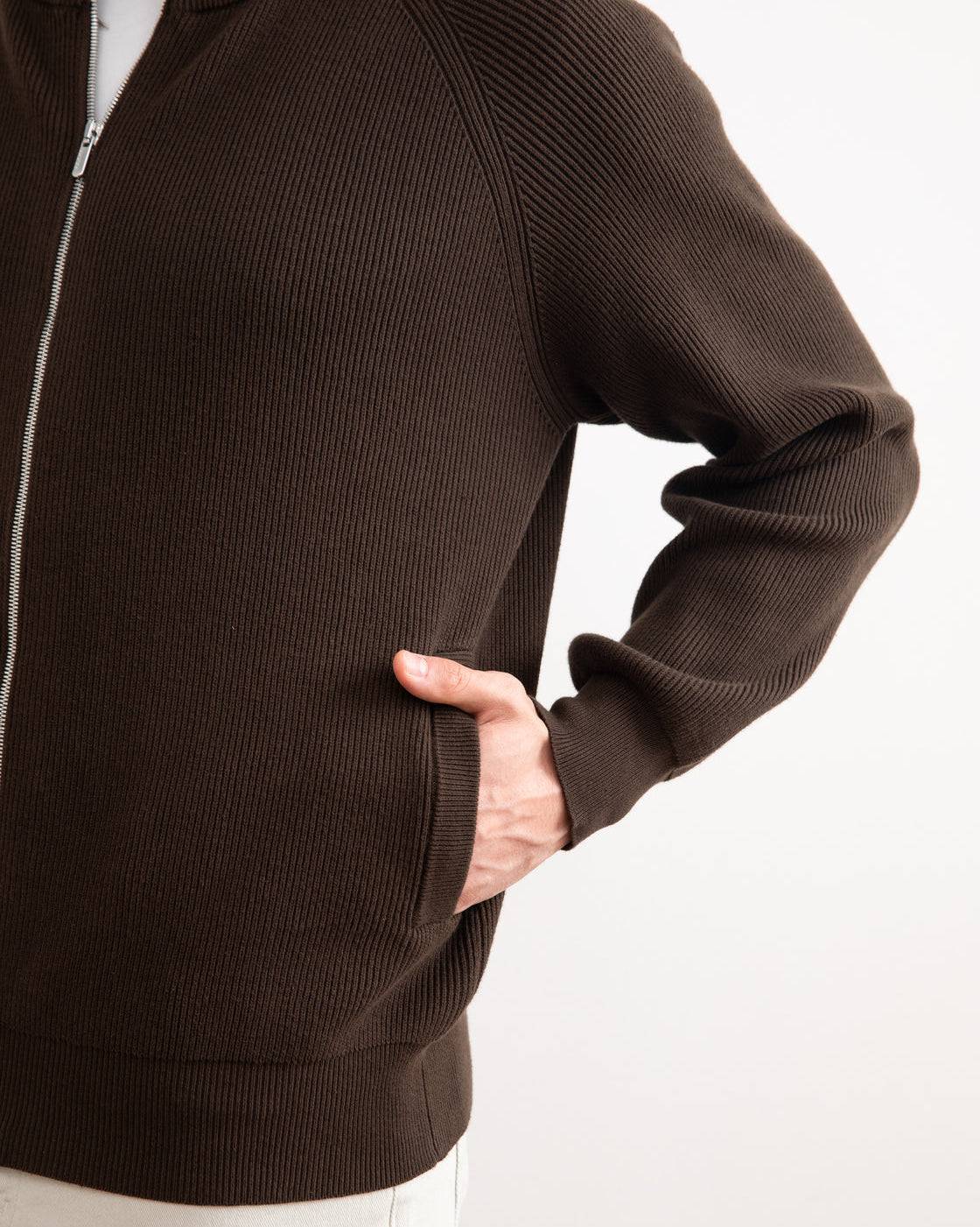 Brown English Rib Full Zip Cardigan - Tour&Tate