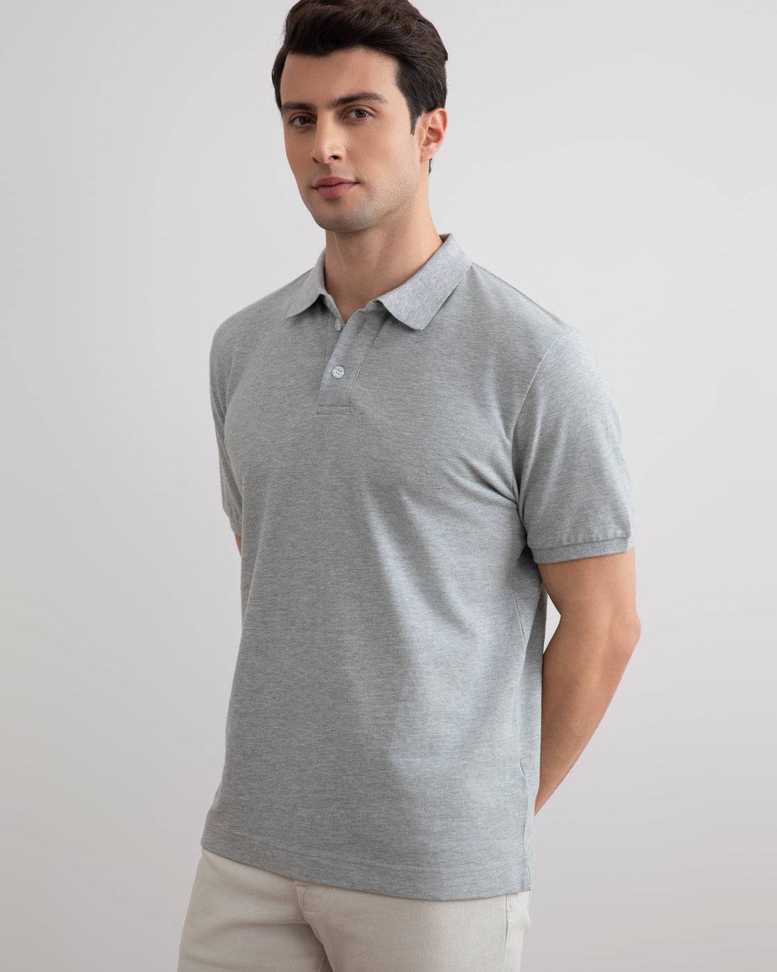 Grey Mélange Cotton-Piqué Polo Shirt - Tour&Tate