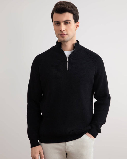 Black English rib turtleneck half-zip sweater - Tour&Tate