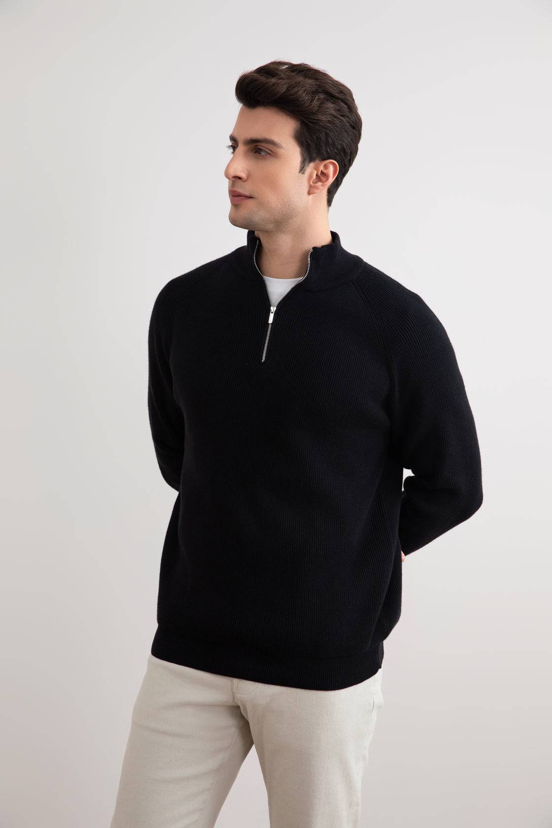 Black English rib turtleneck half-zip sweater - Tour&Tate