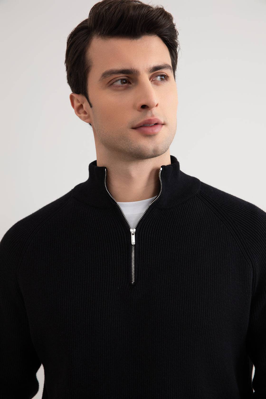 Black English rib turtleneck half-zip sweater - Tour&Tate
