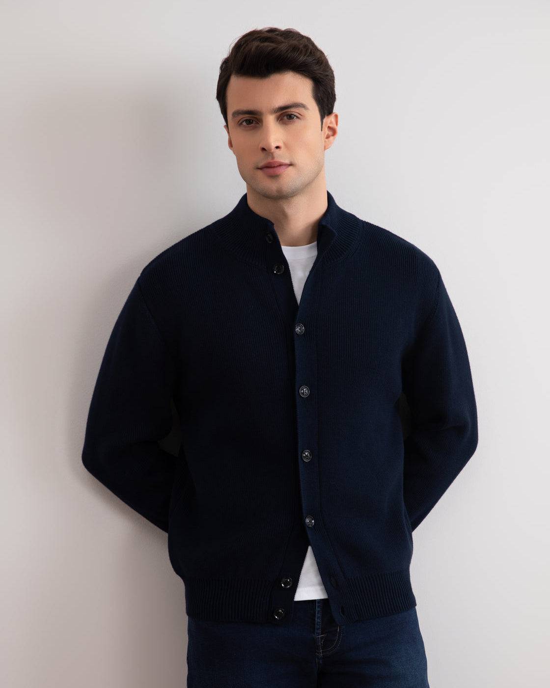 Navy Ribbed Button Closure Cardigan - Tour&Tate