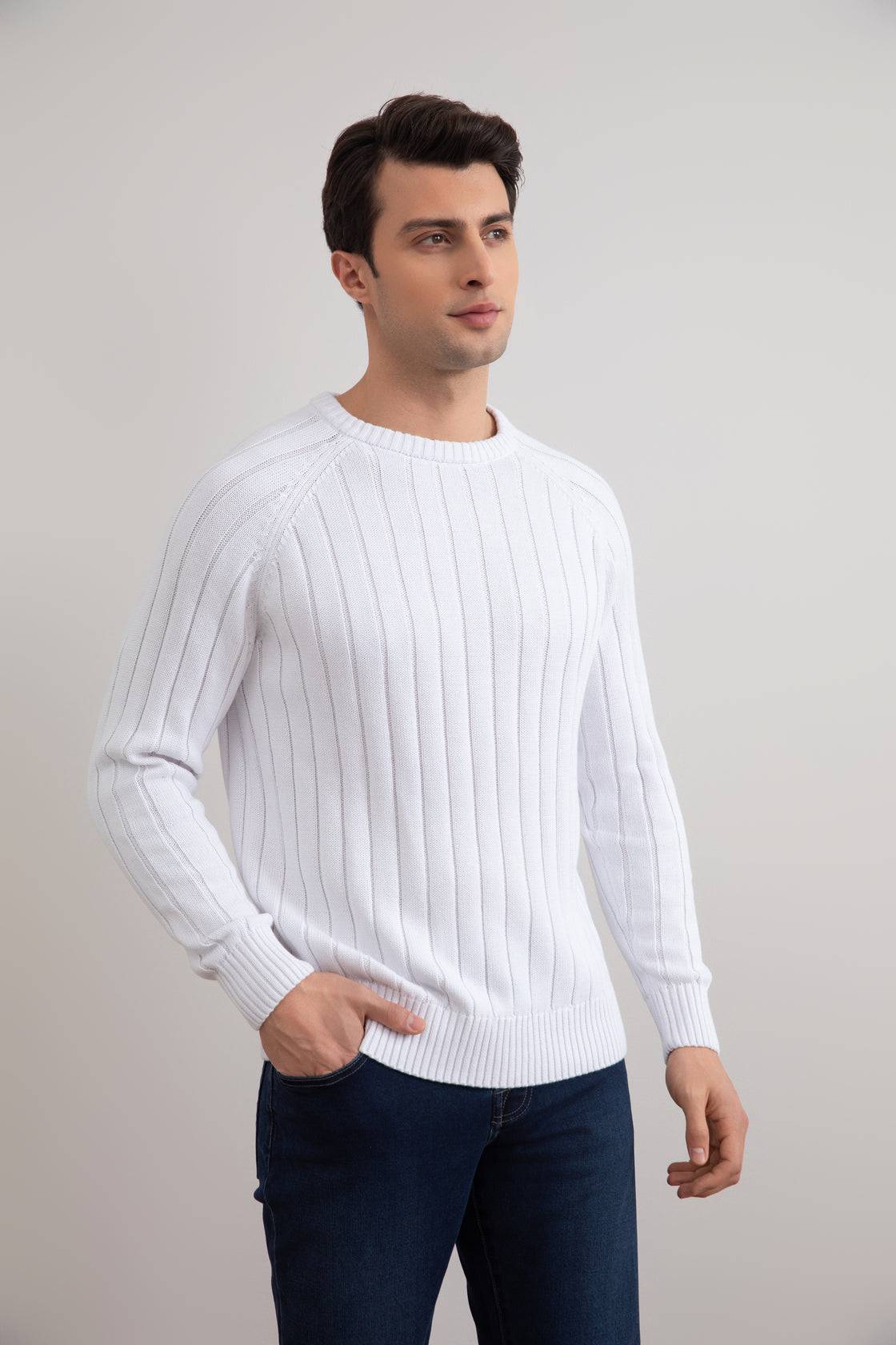 White Crewneck Rib knit sweater - Tour&Tate