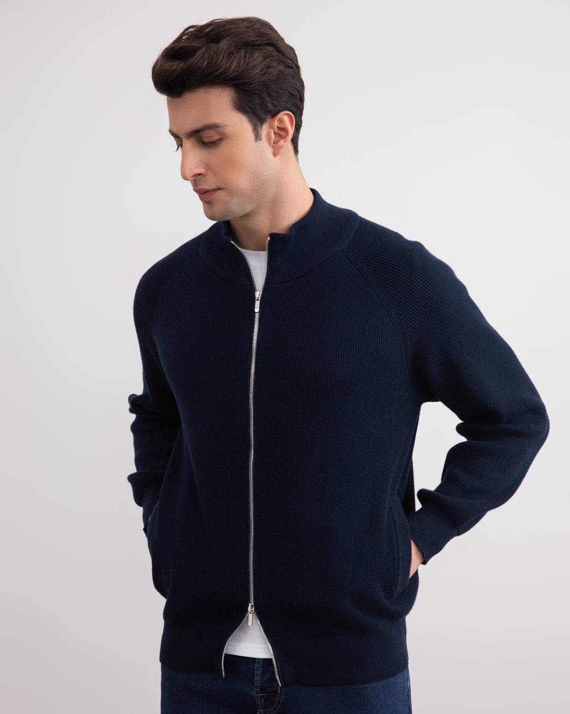 Navy English Rib Full Zip Cardigan - Tour&Tate