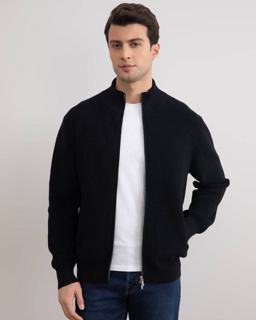 Black English Rib Full Zip Cardigan - Tour&Tate
