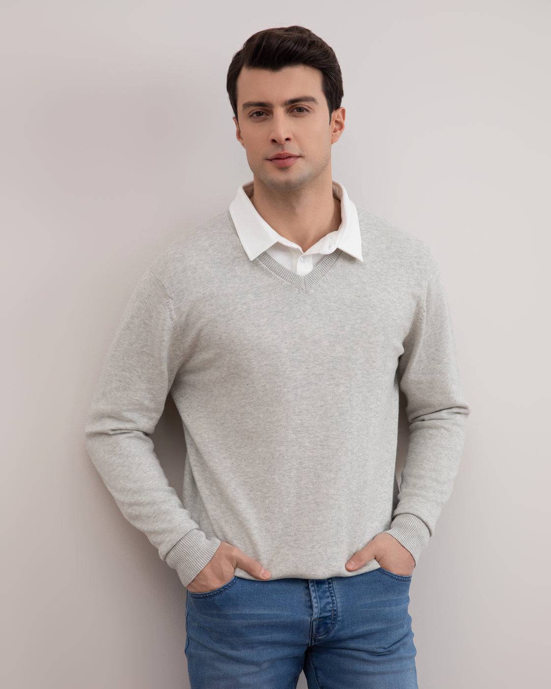 Grey Mélange V-Neck Sweater - Tour&Tate