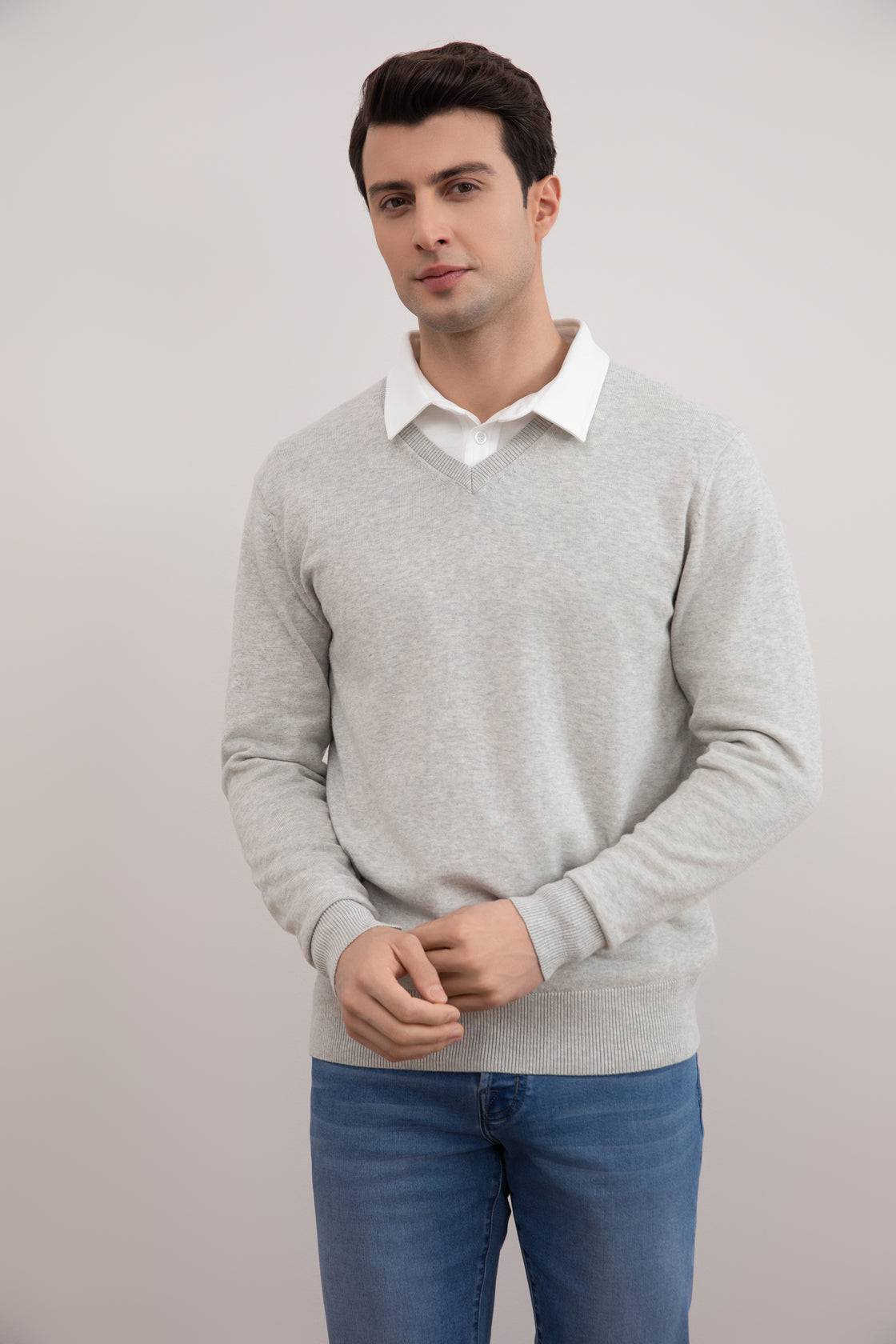Grey Mélange V-Neck Sweater - Tour&Tate