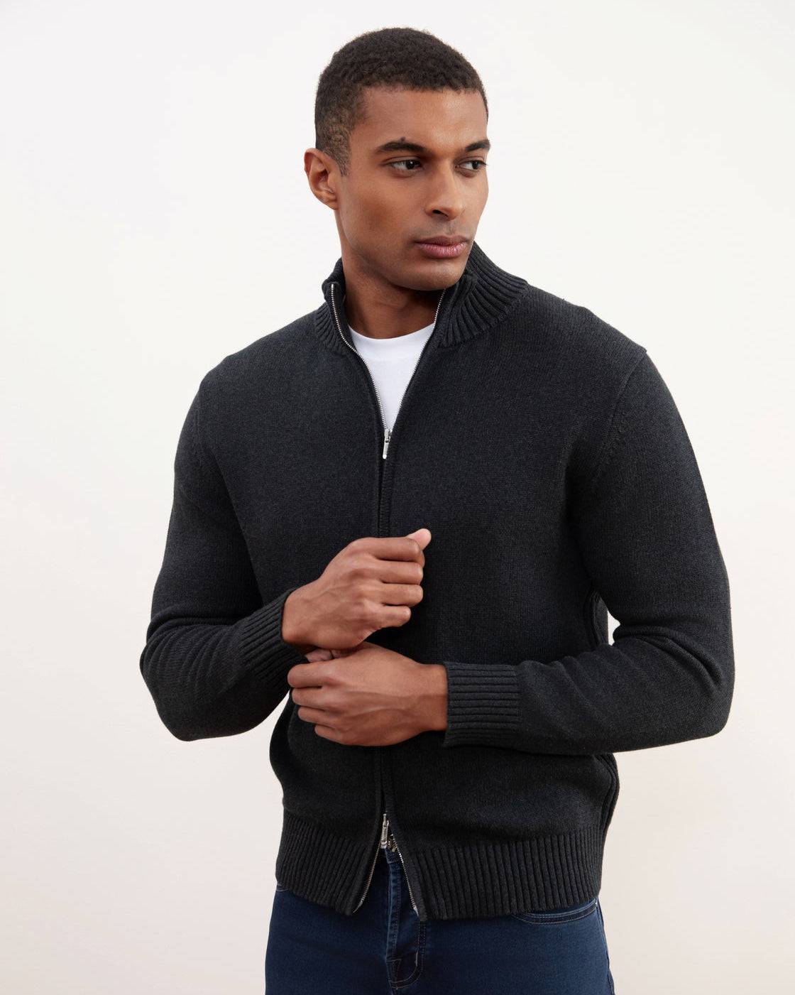Charchoal Ribbed Zip-Up Sweater - Tour&Tate