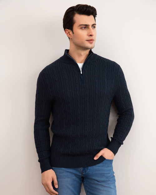 Blue Cable Knit half-zip Sweater - Tour&Tate