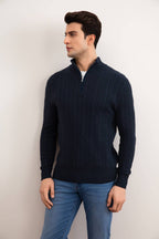 Blue Cable Knit half-zip Sweater - Tour&Tate