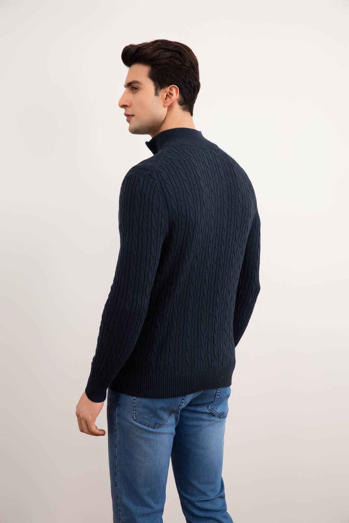 Blue Cable Knit half-zip Sweater - Tour&Tate