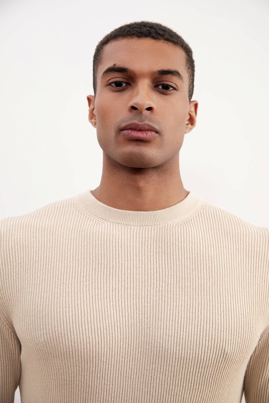 Beige Crewneck Malfilé English Rib Sweater - Tour&Tate