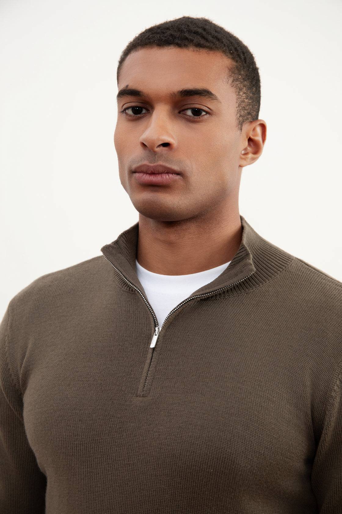 Taupe Merino Wool Half-Zip Sweater - Tour&Tate
