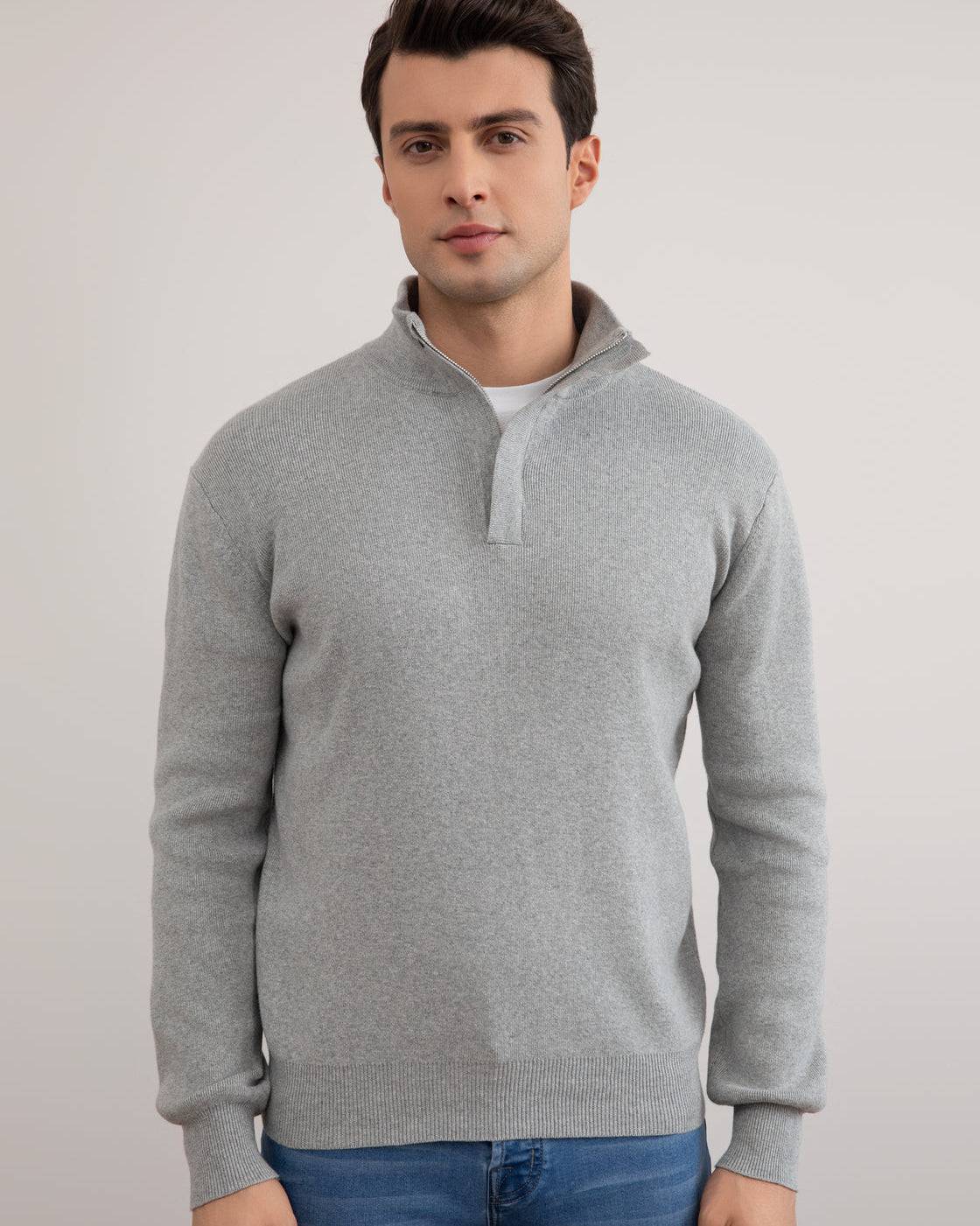 Grey Mélange Half-Zip Mock Neck Sweater - Tour&Tate