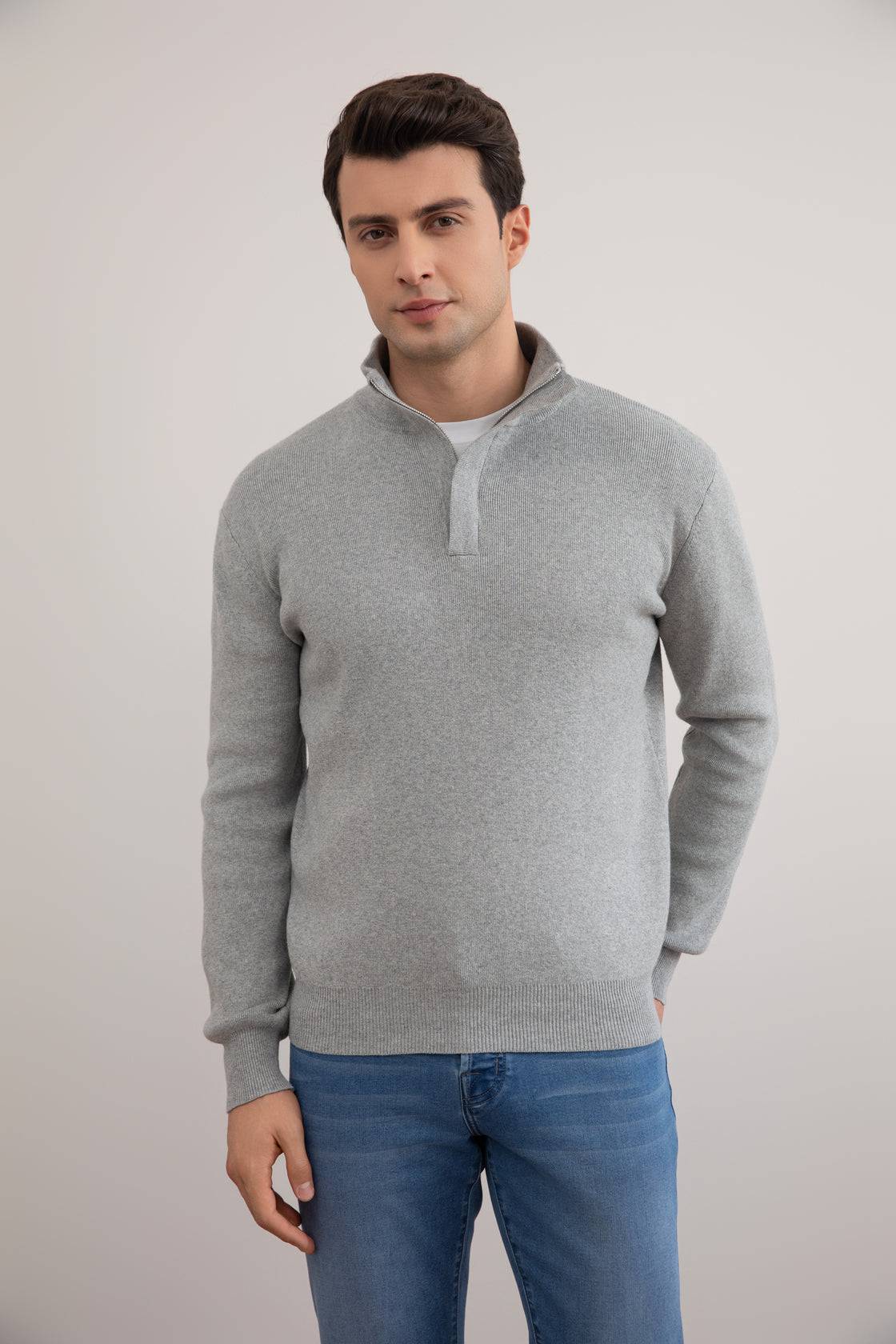 Grey Mélange Half-Zip Mock Neck Sweater - Tour&Tate