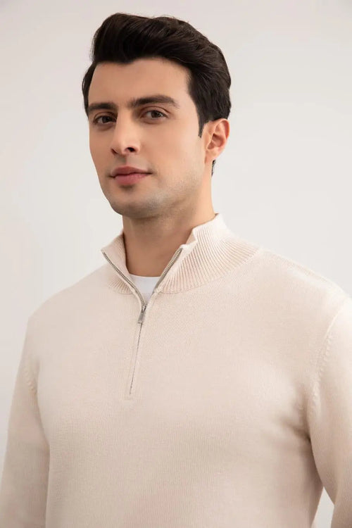 Beige Merino Wool Half-Zip Sweater - Tour&Tate